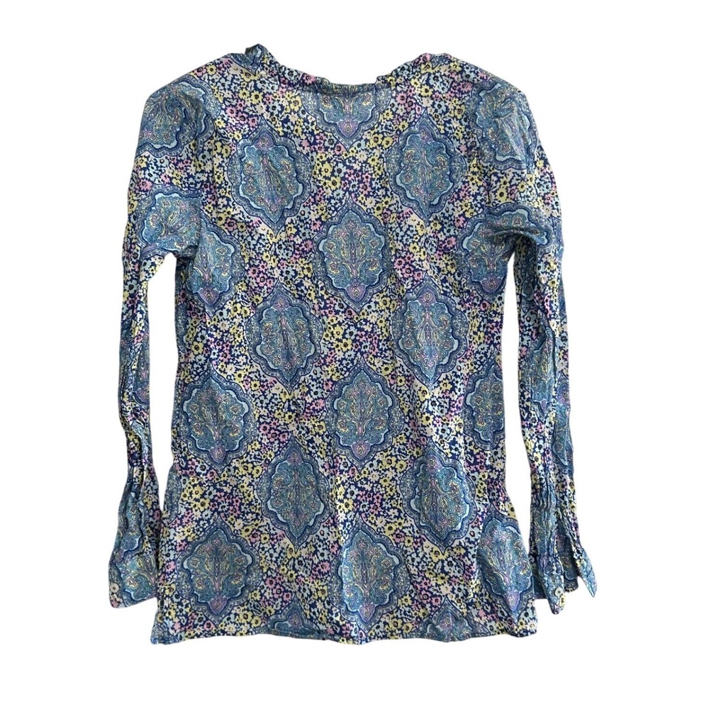 Talbots Womens Paisley Print Long Sleeve Blouse Top XS V Neck Yellow Blue Pink - Picture 5 of 5